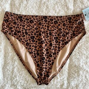 Shade & Shore Women's High Leg Cheeky Brown Leopard Print Bikini Bottom Size XL
